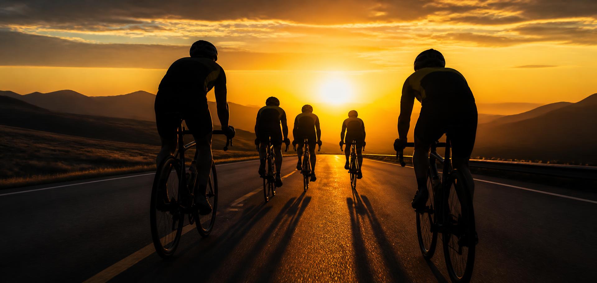 Grupo de ciclistas em estrada ao amanhecer